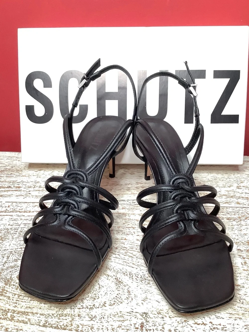 SCHUTZ Octavia Black Leather Knotted Strappy 3” Stiletto Sandals